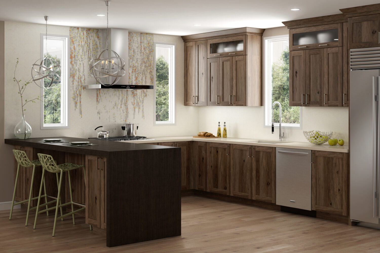 Modern Twist on Hickory Cabinetry in a finished Kitchen Remodel- Gray stained cabinets with beautiful wood grain.